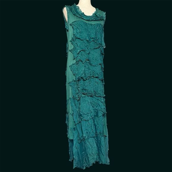 Ilenia M Silk Tiered Maxi Dress L Green Forest Fairy Grunge Whimsigoth Italy - Picture 16 of 16